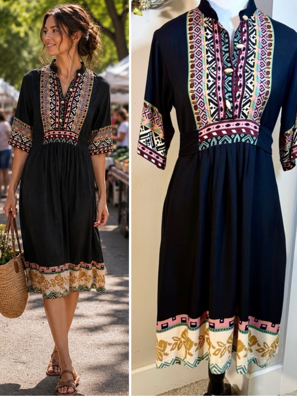Vintage Ragtime Boho Midi Dress Pintuck Bodice  Pockets ~S💛